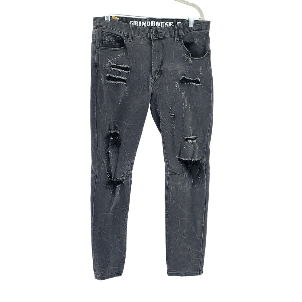 Grindhouse Denim Jeans‎ Mens 34 Dark Grey Distressed Ripped Streetwear Crinkle